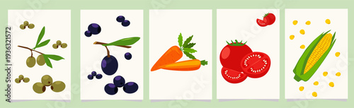 abstract art vegetables poster  red peppers, pumpkin, tomato and onion, zucchini, corn, eggplant. Vector illustration modern design  for wall, card, brochure, cover