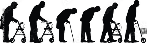Silhouette elderly people using walkers and cane, aging progression vector illustration collection for mobility aid, health, and lifestyle design projects