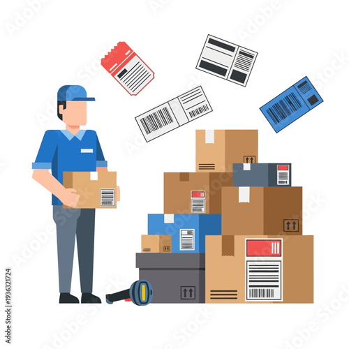 Delivery man with parcels and labels, logistics and shipping concept