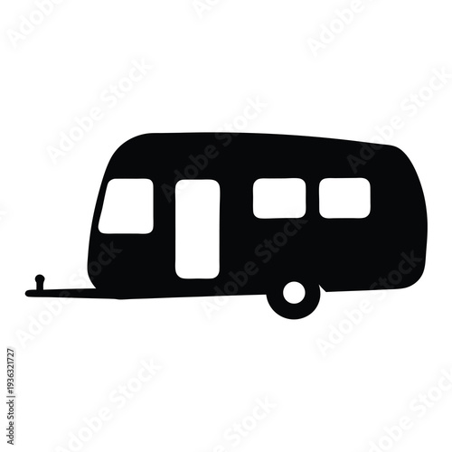 Black and white silhouette of a caravan on a white background illustration