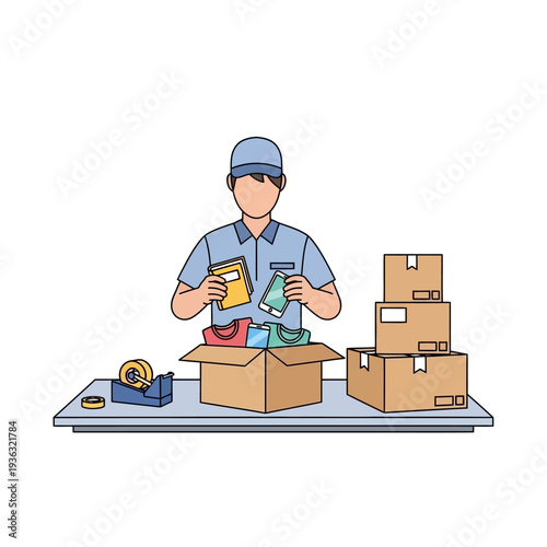 Delivery worker packing orders in a cardboard box with tape dispenser and stacked boxes