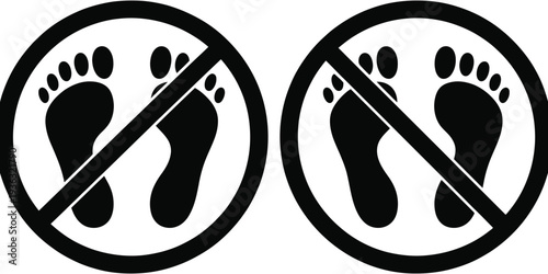 Two black and white images of feet with a no symbol over them, indicating no bare feet. isolated on white background, Vector, illustration