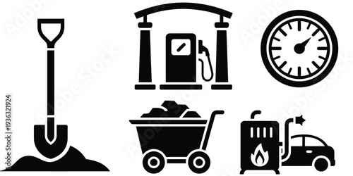 Construction equipment and tools depicted in black and white icons isolated on white background, Vector, illustration