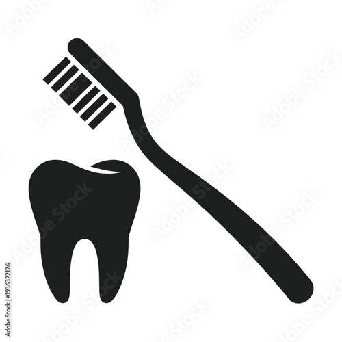 A close-up view of a toothbrush and a single tooth icon isolated on white background, Vector, illustration
