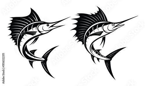 Atlantic Blue Marlin Jumping Vector Set, Sailfish Marlin Leaping Vector Illustration, Retro Black White Tattoo Style Sportfish, Marlin Sailfish Vector silhouette
