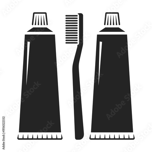 Two toothbrushes standing upright in a glass, with toothpaste on top isolated on white background, Vector, illustration