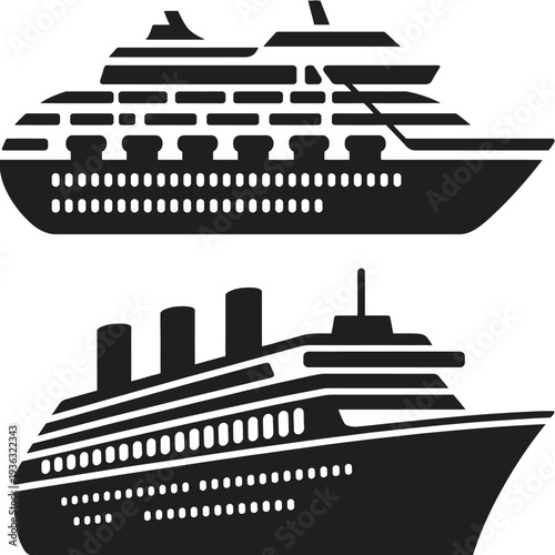 Two large cruise ships sailing on the ocean, one above the other, in a black and white illustration. isolated on white background, Vector, illustration