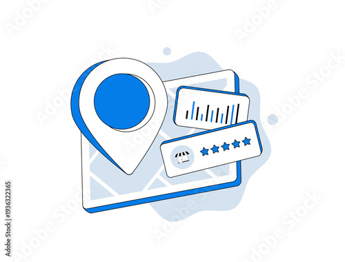 Local business review analytics, geolocation map interface with rating dashboard and customer feedback monitoring. Reputation management, marketing performance tracking modern flat vector illustration