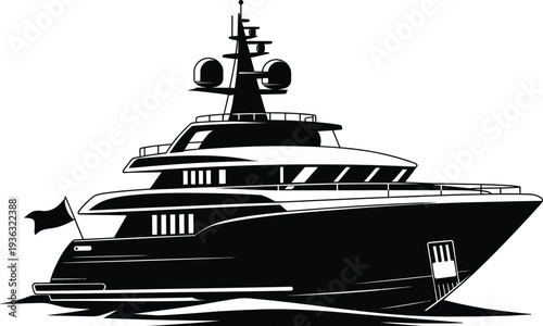 A sleek black and white illustration of a large yacht sailing on calm waters isolated on white background, Vector, illustration