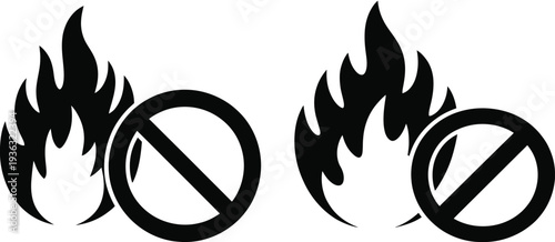 Two crossed out fire symbols representing prohibition or restriction of fire isolated on white background, Vector, illustration