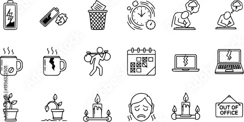 Burnout, Stress, and Work Exhaustion Line Icons Set