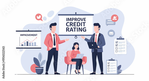 Businesspeople discussing credit rating improvement strategies in a meeting.