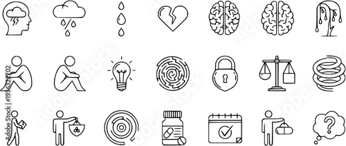 Mental Health and Emotional Stress Line Icons Set - Psychology  Wellbeing