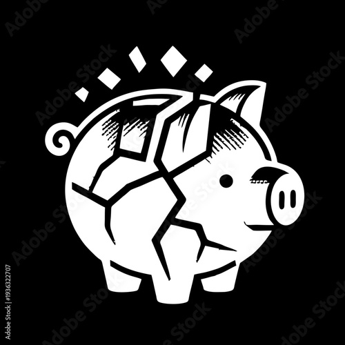 Broken Piggy Bank Icon Symbolizing Financial Crisis, Debt, and Savings Loss