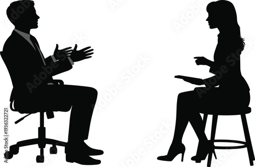 Job interview silhouette with professional man and woman talking in office chairs for career recruitment concept design