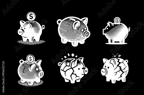 Piggy Bank Illustrations Set in Engraving Style Representing Saving, Fullness, and Breaking Money Concepts