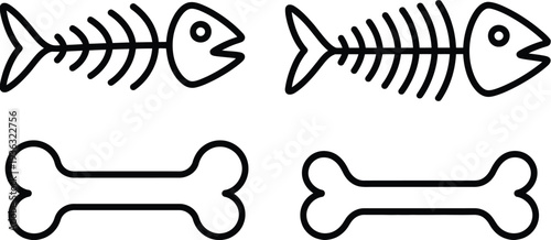 A playful comparison of fish and dog bone silhouettes in a row. isolated on white background, Vector, illustration