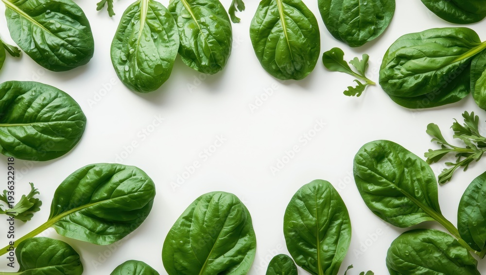 Obraz premium Isolated baby spinach leaves on a white backdrop. Flat lay for salad ingredient packaging