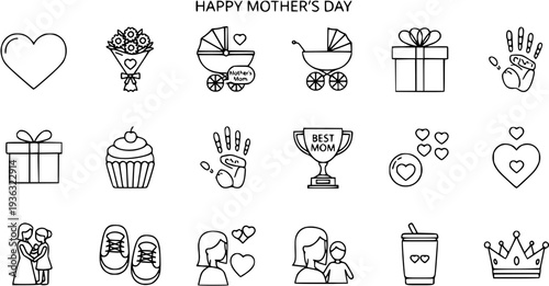 Mother's Day Outline Icons Set with Mom, Baby, Love, and Gifts