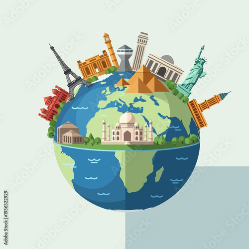 Famous Landmarks Around the World on a Globe - Travel and Tourism Concept