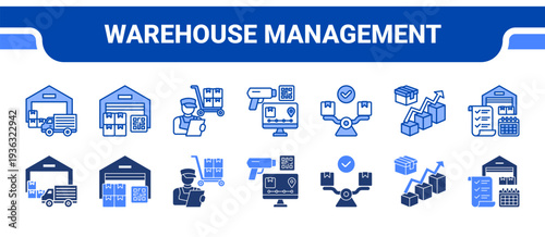 Warehouse Management Icon Collection,  featuring Warehouse, Warehouse Stock, Goods Handling, Inventory Tracking, Inventory Balance, Stock Optimization, Supply Planning.