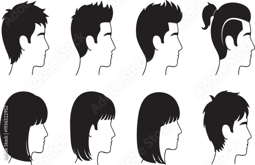 Eight different hairstyles in black and white silhouette