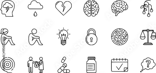 Mental Health, Emotions, Psychology  Well-being Line Icons
