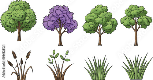 Cartoon nature plant collection featuring green trees, purple blossom tree, grass and wild plants isolated for garden landscape design and botanical illustration