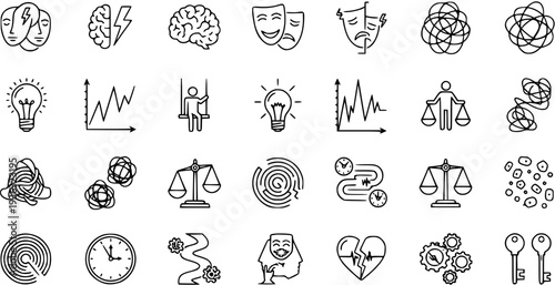 Psychology and Mental Health Line Icons Set: Brain, Emotions, Idea, Balance, Time