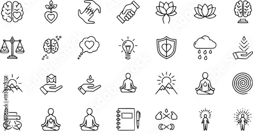 Mindfulness and Wellness Icons: Brain, Lotus, Yoga, Balance