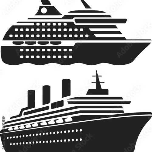 Three large cruise ships sailing on calm waters with smoke coming out of their chimneys isolated on white background, Vector, illustration