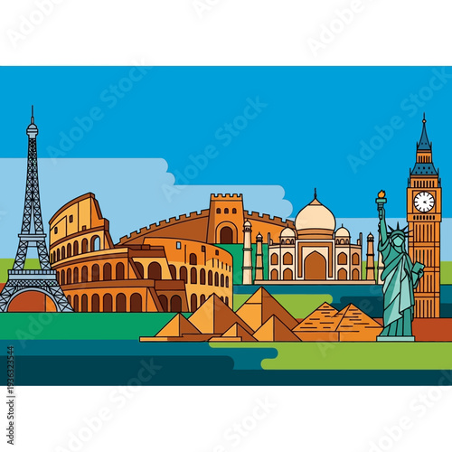 Famous Landmarks Collage: Eiffel Tower, Colosseum, Pyramids, Taj Mahal, Big Ben, Statue of Liberty