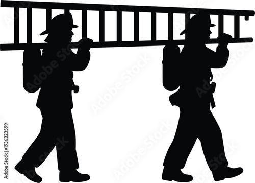 Firefighter silhouettes carrying long ladder vector set for professional rescue service, emergency response, and safety concept