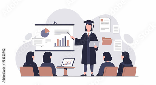 Female Graduate Student Presenting Data to Audience in Classroom Setting.