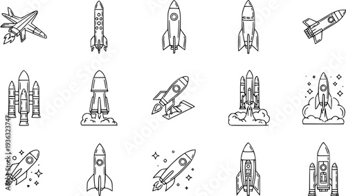 Space Rocket Icons Set: Sci-Fi Propulsion and Aircraft Collection