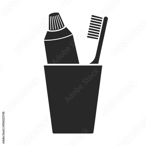 A black and white illustration of a toothbrush and toothpaste in a cup isolated on white background, Vector, illustration