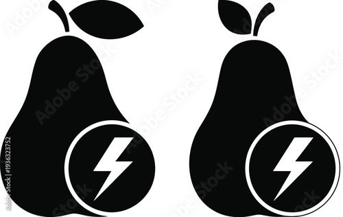 Two pears with lightning bolts symbolizing energy and power within the fruit. isolated on white background, Vector, illustration