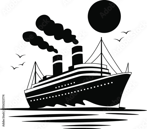 A vintage steamship sailing under a full moon on a calm sea. isolated on white background, Vector, illustration