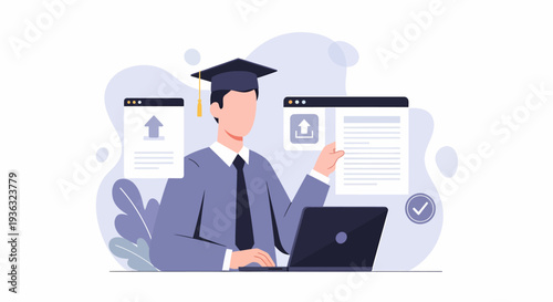 Graduate student with laptop studying online for education degree.