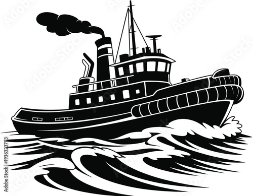 A vintage ship navigating through choppy waters under a stormy sky. isolated on white background, Vector, illustration