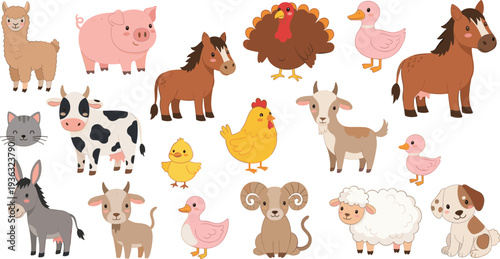 Cute Farm Animals Cartoon Set – Pig Cow Horse Chicken Duck Sheep Goat Dog Cat Donkey Llama Turkey Vector Collection