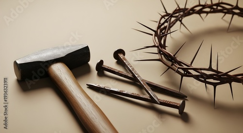 Good friday symbolism crown of thorns nails and hammer representing jesus christ's crucifixion
