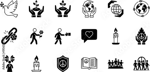 Peace and Hope Symbols: Dove, Hands, Earth, Candle, Book, People