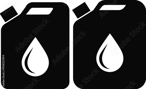 Two black plastic fuel containers with blue liquid and drop icons on white background. isolated on white background, Vector, illustration