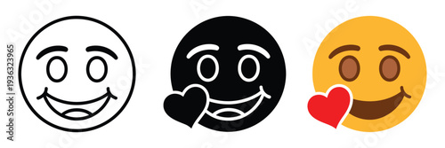 Love emoji icon set, three cheerful smiley faces with hearts, minimalist vector icons ideal for mobile apps, web design, chat