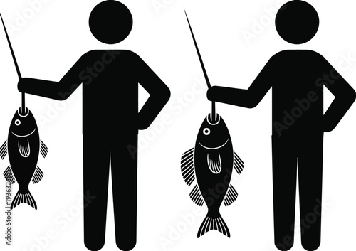 Two individuals fishing with different styles and equipment in a serene environment isolated on white background, Vector, illustration