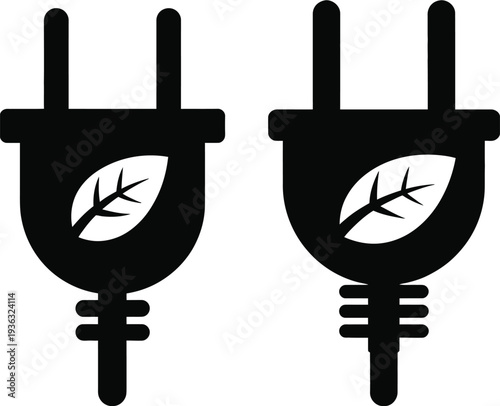 Two electrical plugs with leaf symbols representing eco-friendly energy sources isolated on white background, Vector, illustration