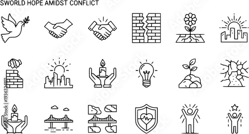 Hope Amidst Conflict Line Icons Set - Peace, Resilience, and New Beginnings