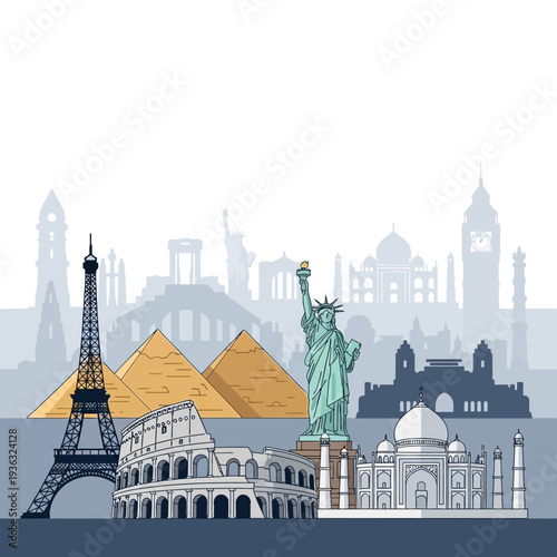 Famous Landmarks Collage: Eiffel Tower, Statue of Liberty, Colosseum, Pyramids, Taj Mahal