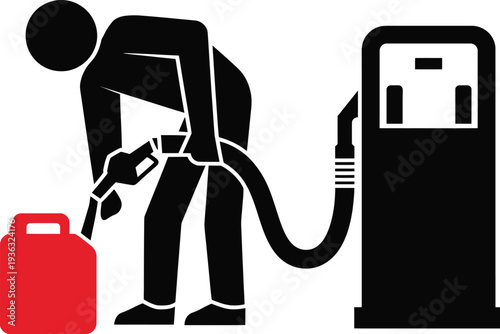 A person is refueling a car at a gas station with a red fuel can. isolated on white background, Vector, illustration